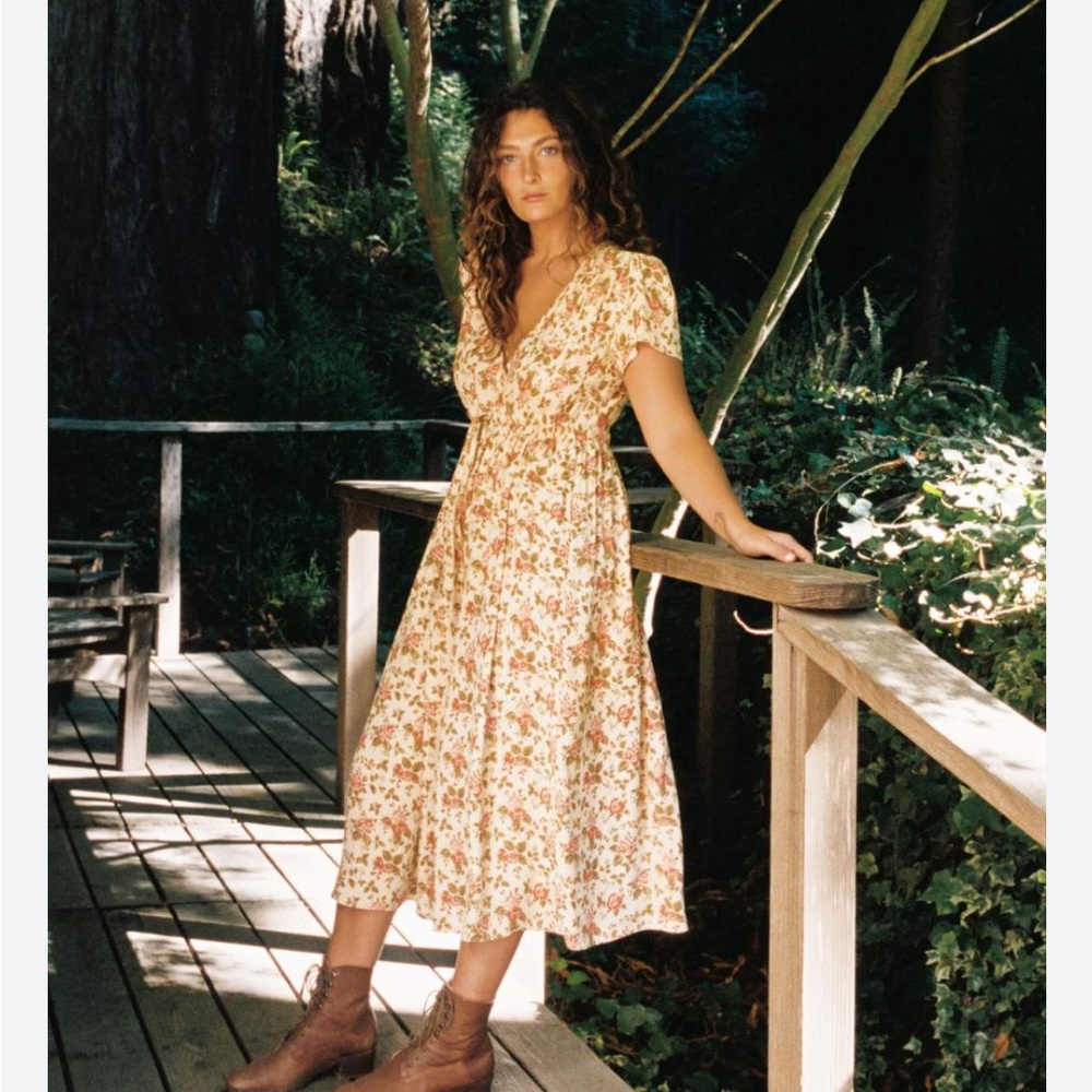 NWT Christy Dawn Cream Floral Midi Dress with Pink and Green Print